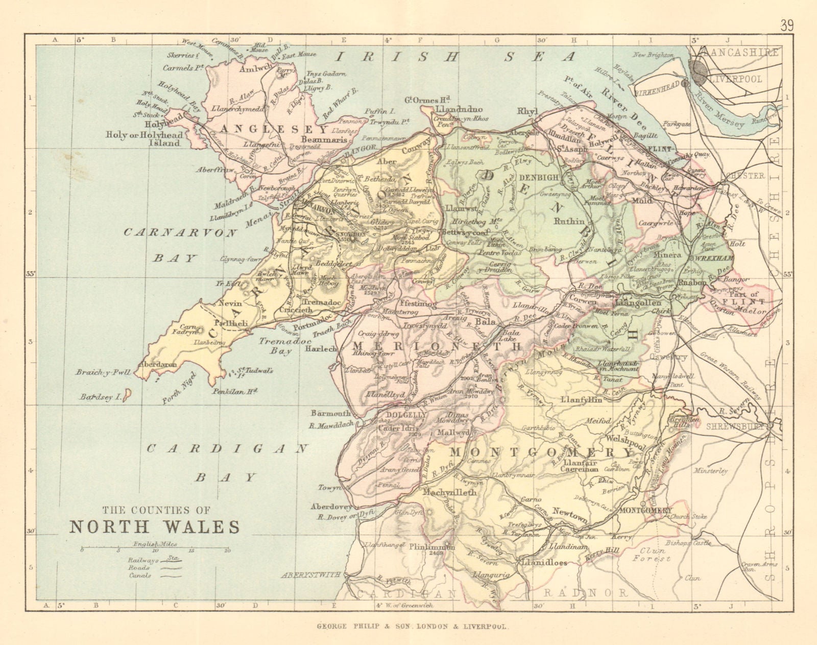 NORTH WALES. Antique map. Counties Railways roads canals. PHILIP 1884 old